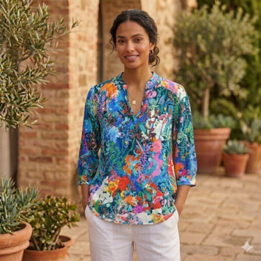 Amanda Uprichard Silk Tunic Top Womens XS P Blue Pink Floral V Neck 3/4 Sleeve